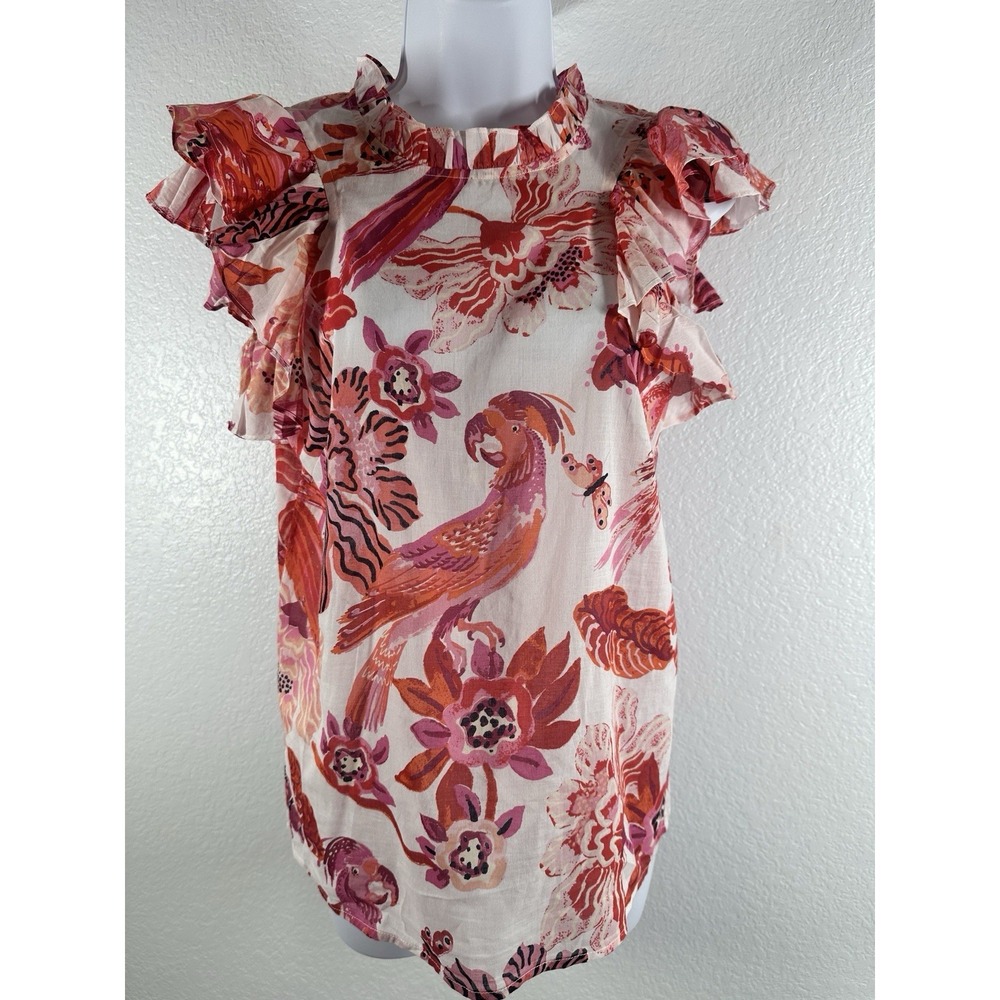 Banjanan Red Coral Ruffle Floral Bird Tropical Short Sleeve Shirt, Sz: X S